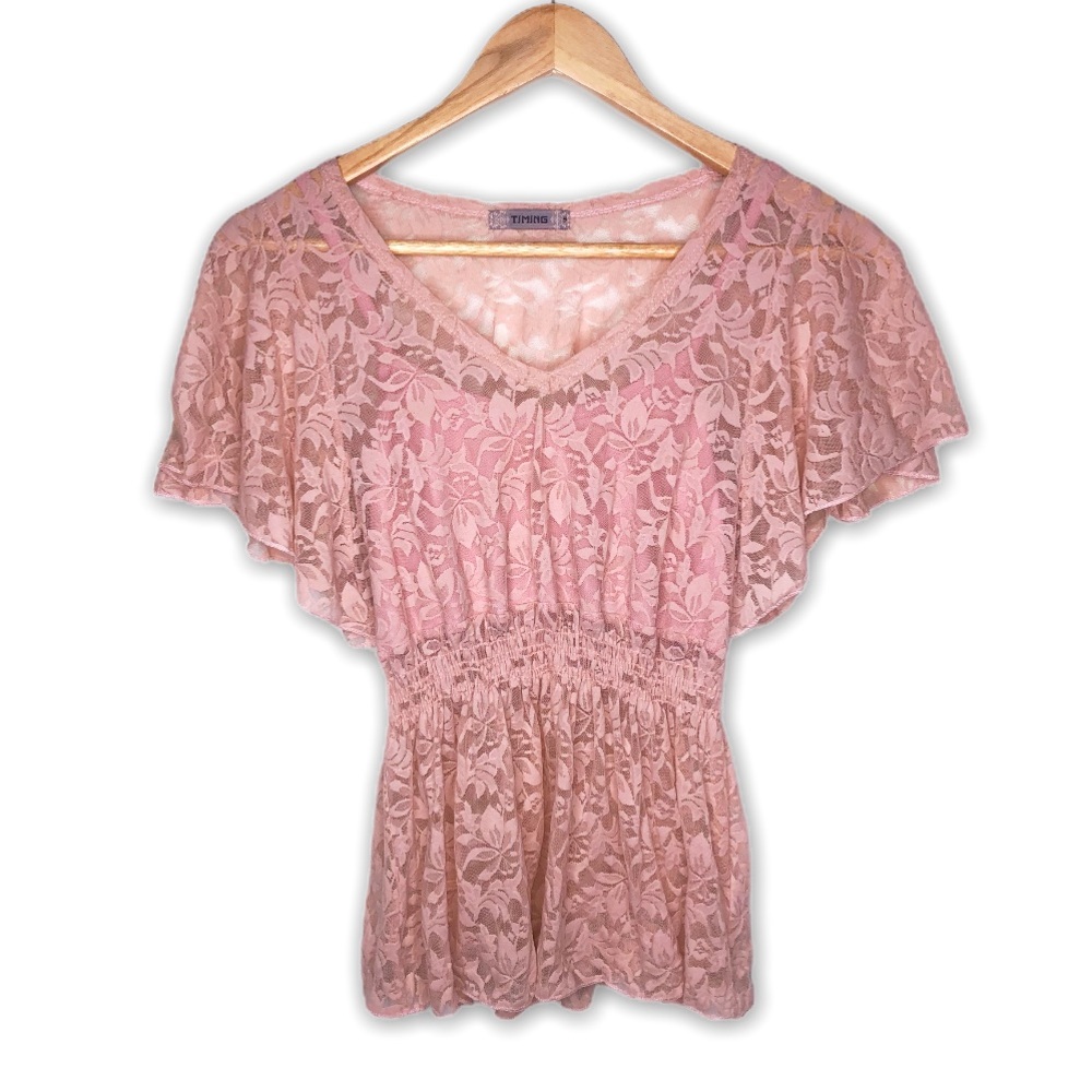 Pink Lace Overlay Peplum Waist Flounce Blouse